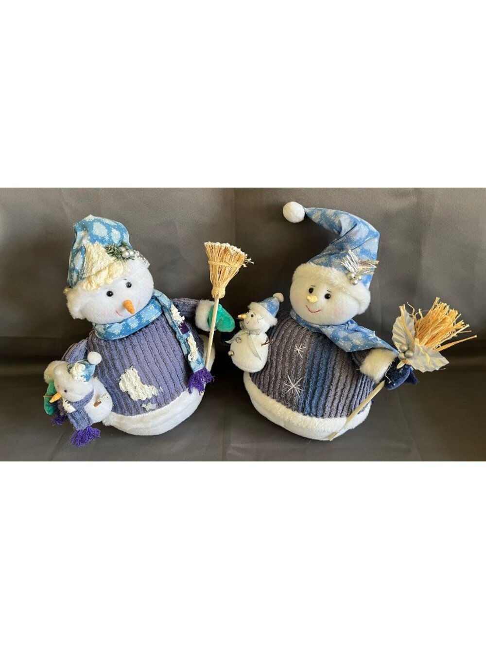 Snowman Family Soft Plush Decor Pair Blue Hats & Brooms Cute